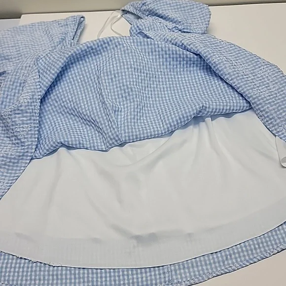 ORIGINALITY BLUE WHITE GINGHAM TIE-FRONT PUFF SLEEVE MINI DRESS SZ MEDIUM - Picture 10 of 14
